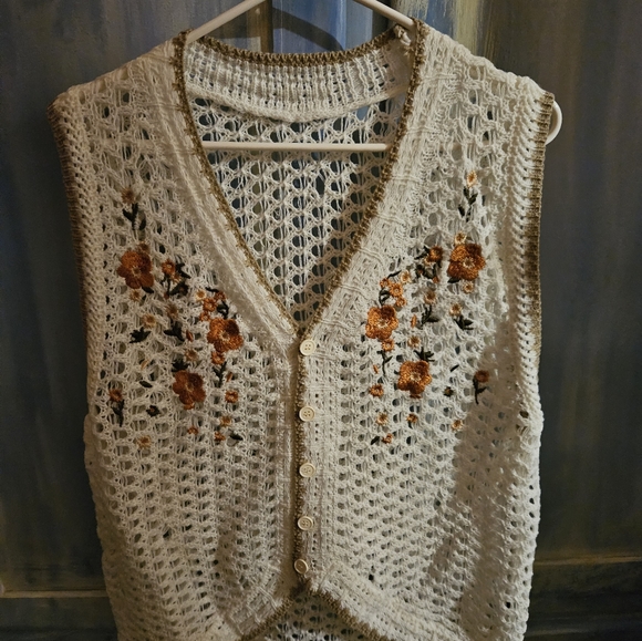Jackets & Blazers - Boho Crochet Vest, Floral, Size L